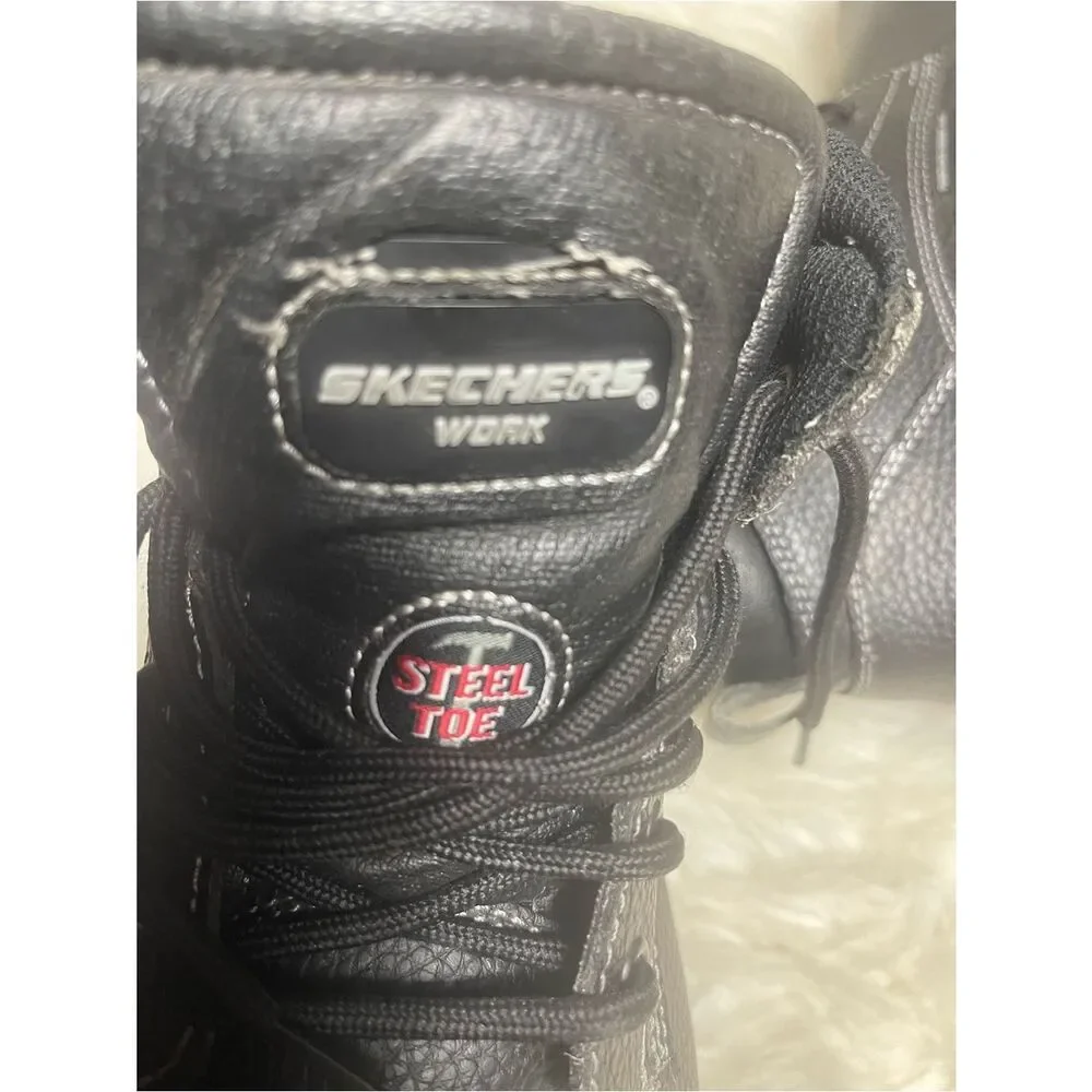 Skechers Men’s steel toe work leather Black Lace-Up Work Boots SZ 12